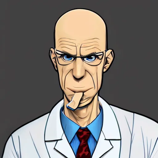 Image similar to A middle-aged Dr. Venture in real life with a hooked nose, a long gaunt face and skinny body and neck, very thin and bald, realistic, very realistic, hyperrealistic, highly detailed, very detailed, extremely detailed, detailed, digital art, oil painting, trending on artstation, headshot and bodyshot, detailed face, very detailed face, extremely detailed face, HD Quality, 8k resolution, very very detailed face, real life