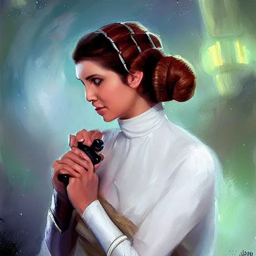 Image similar to Princess Leia from Star Wars, painting by Vladimir Volegov