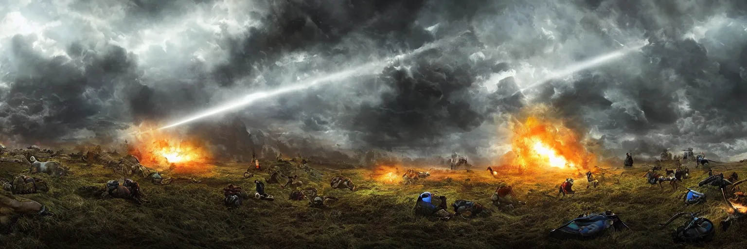 Prompt: natural looking fight landscape of ww 1 trenches, soldiers fighting with resistance aliens, green gas spreading across land, futuristic tank is on fire, ground explosion in the background, alien mothership in the sky, hyper realistic, highly detailed, dramatic lighting, raytarced, god rays, 4 k, 8 k, matte painting