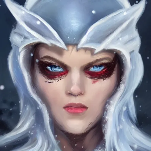 Prompt: a fantasy snow bandit from ‘ icewind dale ’ with a mask on, frost gem, ice, ‘ icewind dale 2 ’ profile portrait by ‘ justin sweet ’, falling snow, soft focus, illustrated, oil paint, artstation