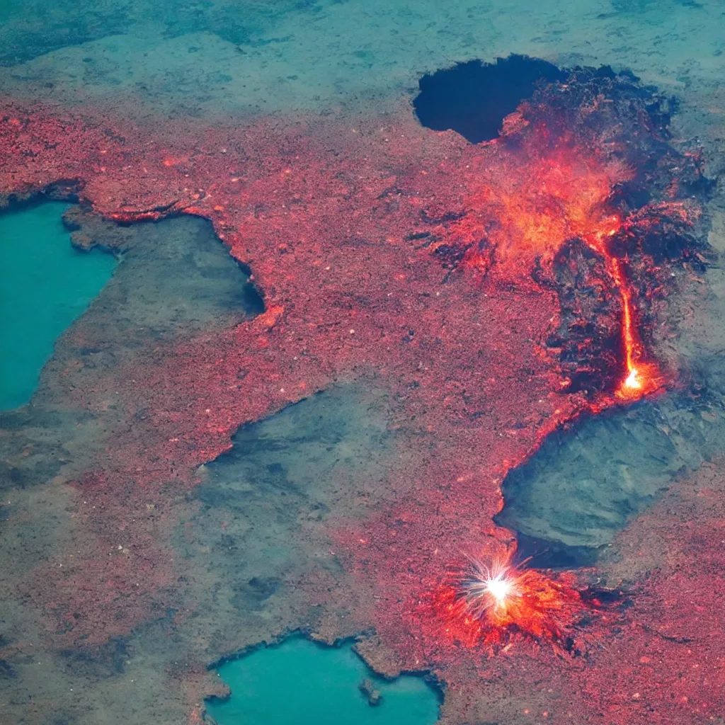 Image similar to looking from space at exploding volcano in middle of the sea with pink beach and shiny sun in back ground and alien plants on beach