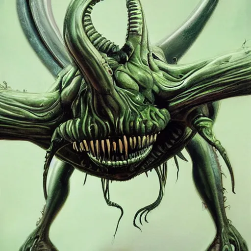 Image similar to detailed painting of mike wazowski that looks like a xenomorph, in the style of h r giger and wayne barlowe