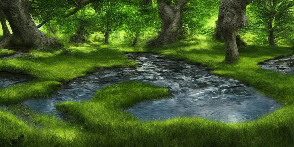 Image similar to a babbling brook on a green field, matte painting, concept art, 4k