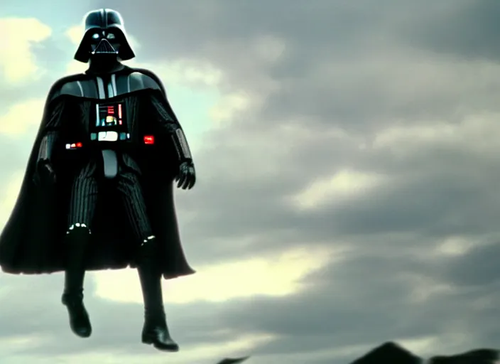 Image similar to film still of Darth Vader jumping up in joy over his great success in the new Star Wars movie, 4k