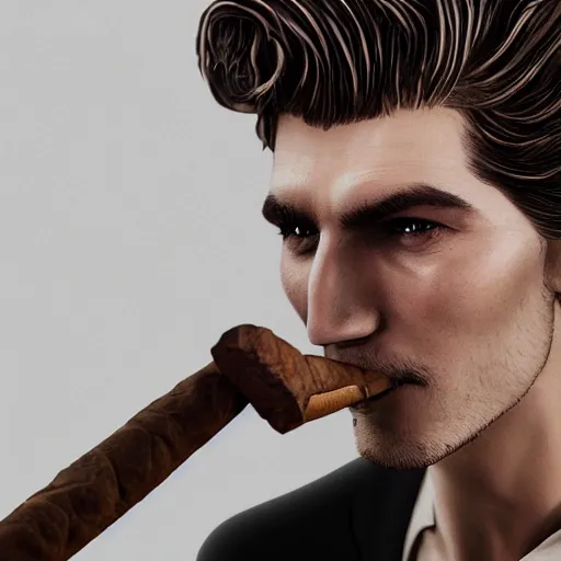 Image similar to a closeup photo of handsome gigachad xqc smoking a cigar, 8k photorealism, extremly detailed, trending on artstation