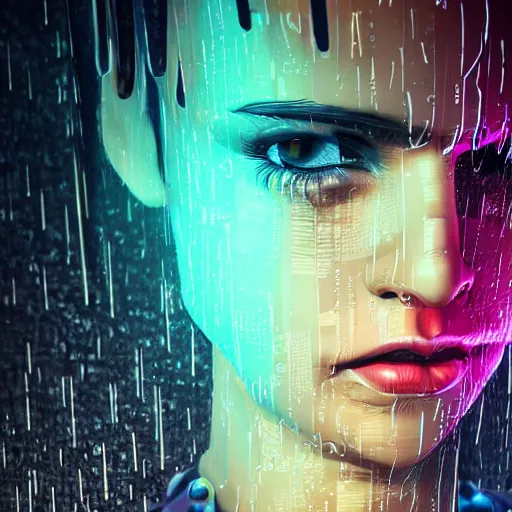 Prompt: stylish cartoon portrait made out of rain, cyberpunk background, rendered in octane, unreal engine, highly detailed, trending on artstation, realistic, splashes of neon, beautiful, volumetric lighting, depth of field, glowing eyes