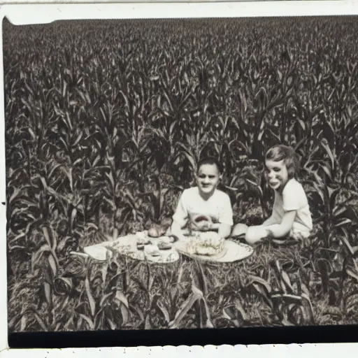 Image similar to old polaroid of an family picnic with a weird creature in a corn field