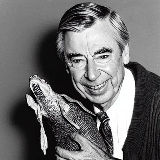 Prompt: mr. rogers proudly displaying a skinned alligator. 1 9 7 0 s color photo.