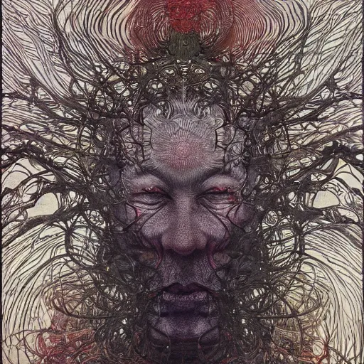 Image similar to simple concept art portrait of, ‘ the old god ’. an award winning yoshitaka amano digital art poster, by james gurney and gerhard richter. art by takato yamamoto. masterpiece, deep colours.