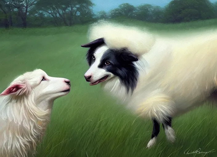 Image similar to close up painting of a border collie kissing a sheep in a pasture, beautiful, intricate, elegant, realistic proportions, highly detailed, scenic background, trending on artstation, art by charlie bowater and henry asencio and and ross tran