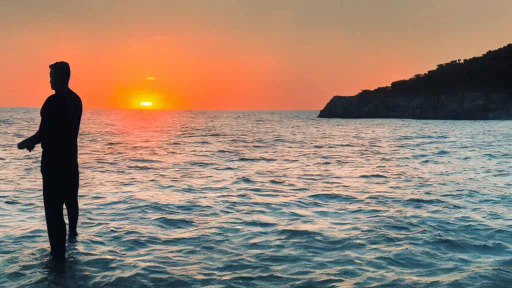 Image similar to a movie still of a man standing on a car while driving through the ocean at sunset, golden hour