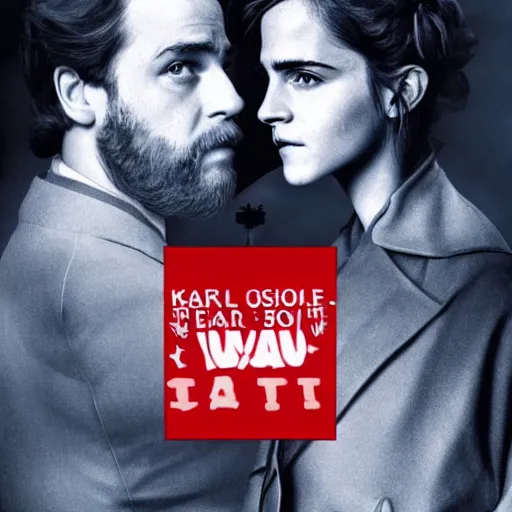 Image similar to battle of karl marx vs emma watson, kfc poster. symmetry, awesome exposition, very detailed, highly accurate, professional lighting diffracted lightrays, 8 k, sense of awe