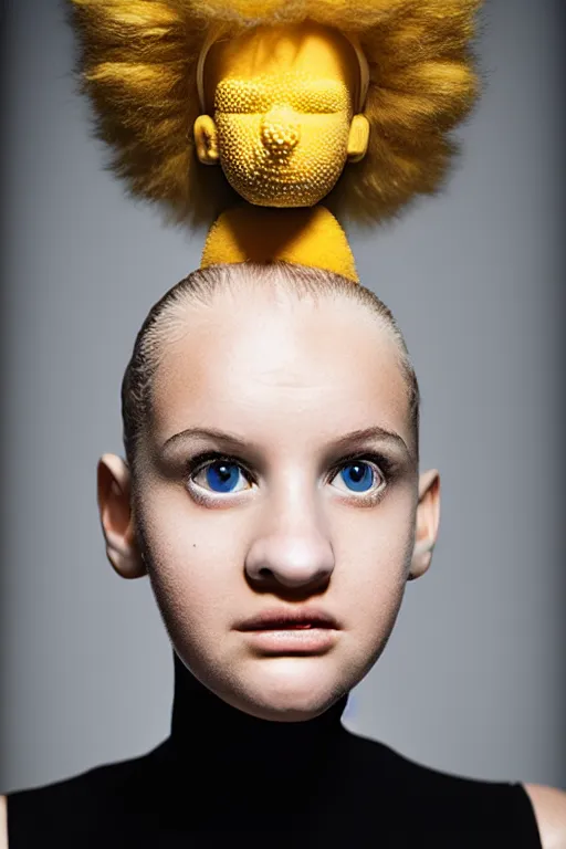 Prompt: studio portrait of girl that looks excactly like lisa simpson, lookalike, as if lisa simpson came to life, soft light, black background, fine details, close - up, award winning photo by martin schoeller