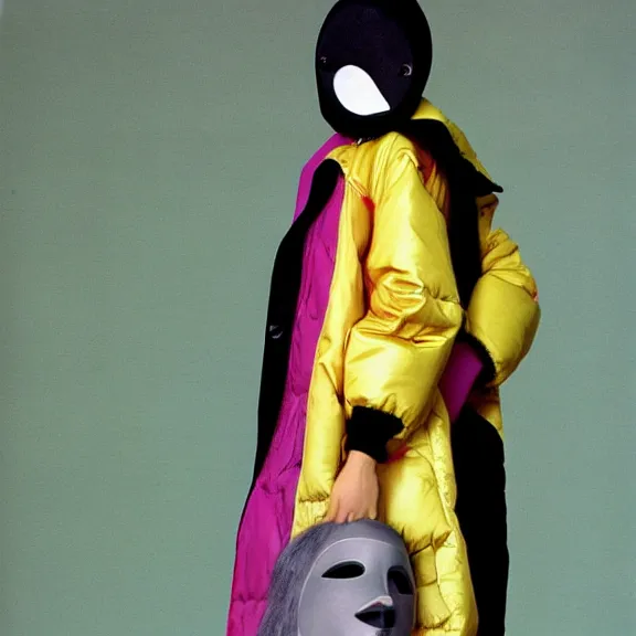 Prompt: model in plastic bird mask wearing baggy colorful 9 0 s jacket by rick owens. magazine ad. pastel brutalist background. stanley kubrick. film still.