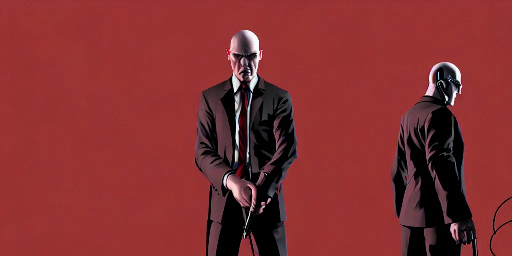 Image similar to a portrait of agent 4 7 from hitman wearing headphones in front of a wall of vinyl records, dark background, red rim light, digital art, artstation, art by yoji shinkawa