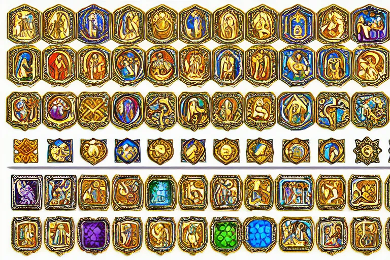 Prompt: illustration of design sheet of sets of various fantasy religion iconography mosaics with gemstones, prismatic colors, ornate gold patterns