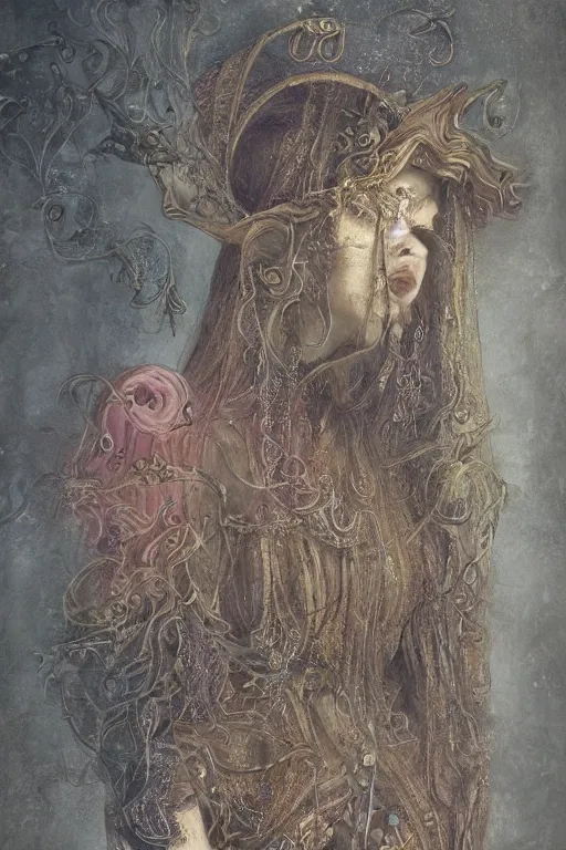 Image similar to elaborately hyperdetailed pre-raphaelite illustration of an extremely beautiful regal woman with an imponent crown, eerie mist and ethereal pink bubbles, surrealistic, Aetherpunk, film noir lighting, bright background, moonlight, high fantasy professionally painted digital art painting, smooth, sharp focus, highly detailed illustration highlights, backlight, golden ratio, 8K detail post-processing, symmetrical facial features, rich deep moody colors, award winning picture, trending on cgsociety and on ArtstationHQ, very coherent symmetrical artwork, poster art