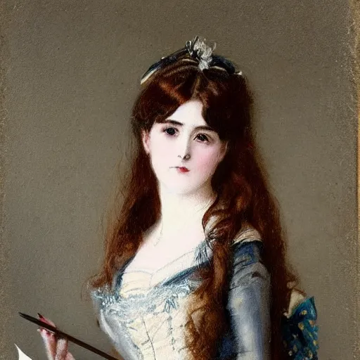 Image similar to young victorian lady in ball gown, a little card and pencil in hand, painted by alfred stevens