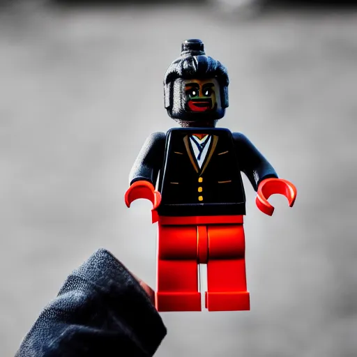 Prompt: photo of lego figure in black Adidas spotwear, holding a bottle, bokeh