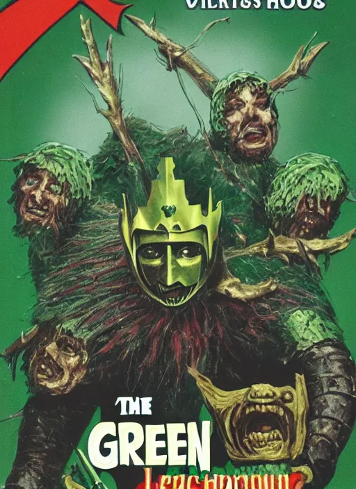 Image similar to The Green Knight (2021), 1980's VHS horror cover art, highly detailed