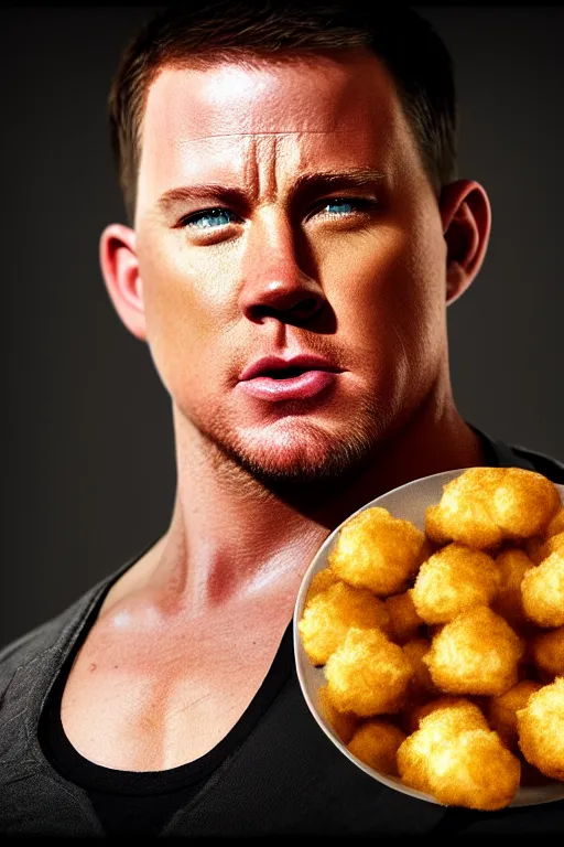 Image similar to a head shot of channing tatum as half human and a tater tot on a plate, tater tot face, ef 8 5 mm f 1. 8 usm, bionic scifi alexandre ferra, hyper detailed, digital art, trending in artstation, cinematic lighting, studio quality, smooth render, unreal engine 5 rendered, octane rendered