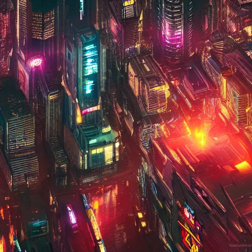 Image similar to cyberpunk city at night from above, neon glow, arstation, chill wave, detailed, maximalism, cluttered, busy, cinematic, cgsociety, smooth, beeply and greg rutkowski, dramatic lighting, god rays, clean crisp graphics, smooth sharp focus, extremely detailed