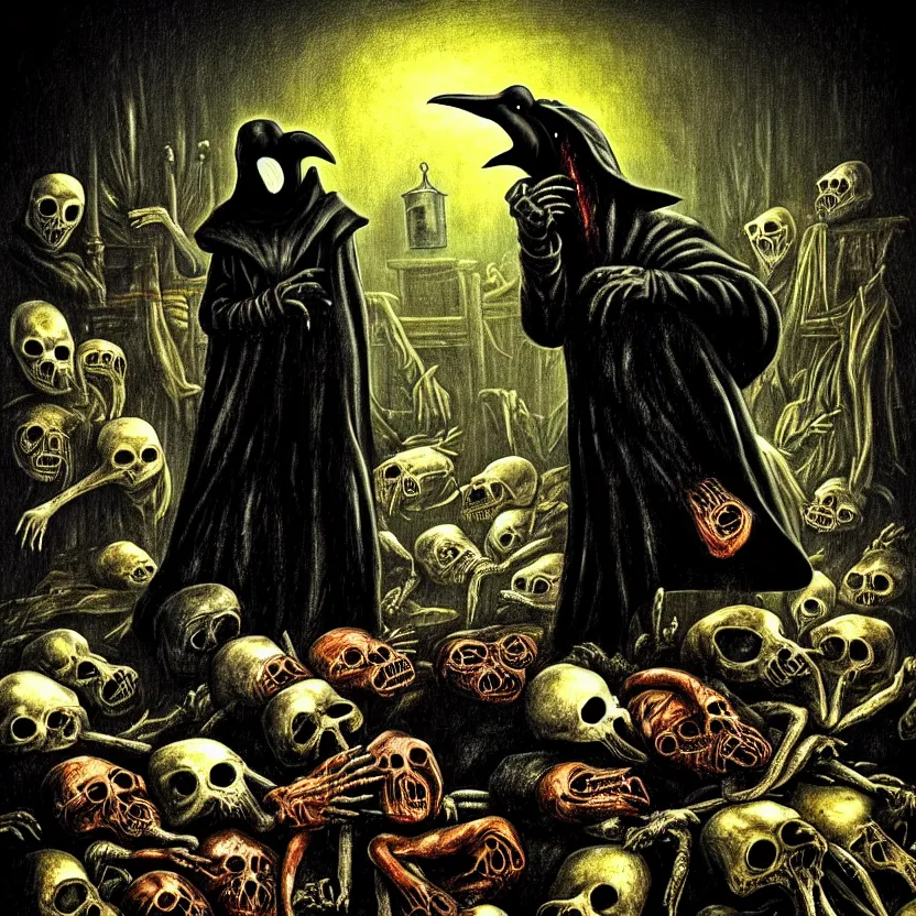 Prompt: plague doctor standing over a pile of decomposing corpses, a screaming man half - eaten by maggots, by dario argento and david cronenberg, fear, morbid, nightmare, supernatural, 8 k, digital art, highly detailed, ( ( ( ( very colorful ) ) ) ), chiaroscuro, creepy, terrifying