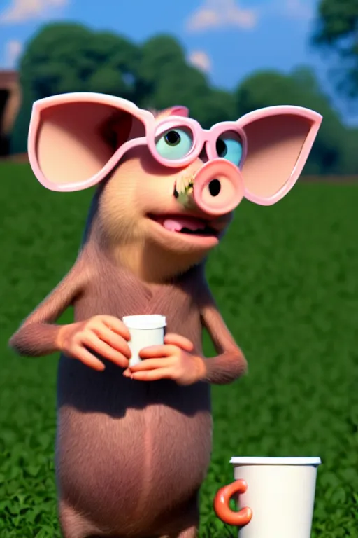 Prompt: a pig wearing sunglasses holding a cup of coffee on a farm, full body. pixar disney 4 k 3 d render funny animation movie oscar winning trending on artstation and behance. ratatouille style.