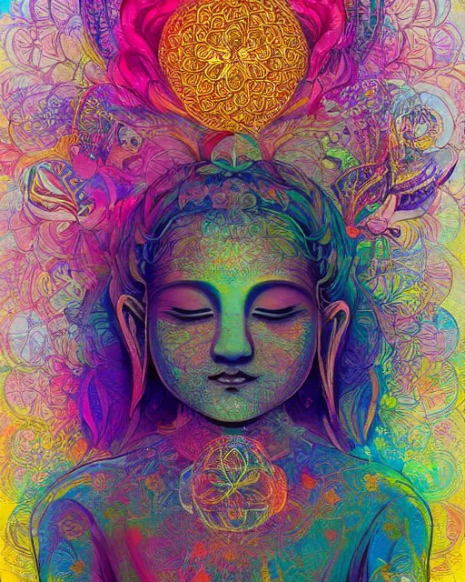 Prompt: flower of life contented peaceful bright eyes smiling bodhisattva, praying meditating, portrait, intricate, colorful, symmetrical, art by artgerm and wlop and james jean and carne griffiths, artstation 8 k uhd