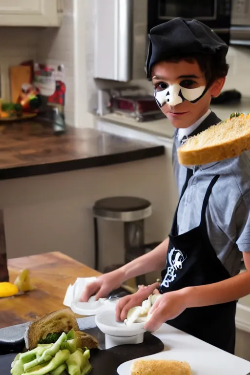 Image similar to a schoolboy in a Guy Fawkes mask makes sandwiches on the kitchen table