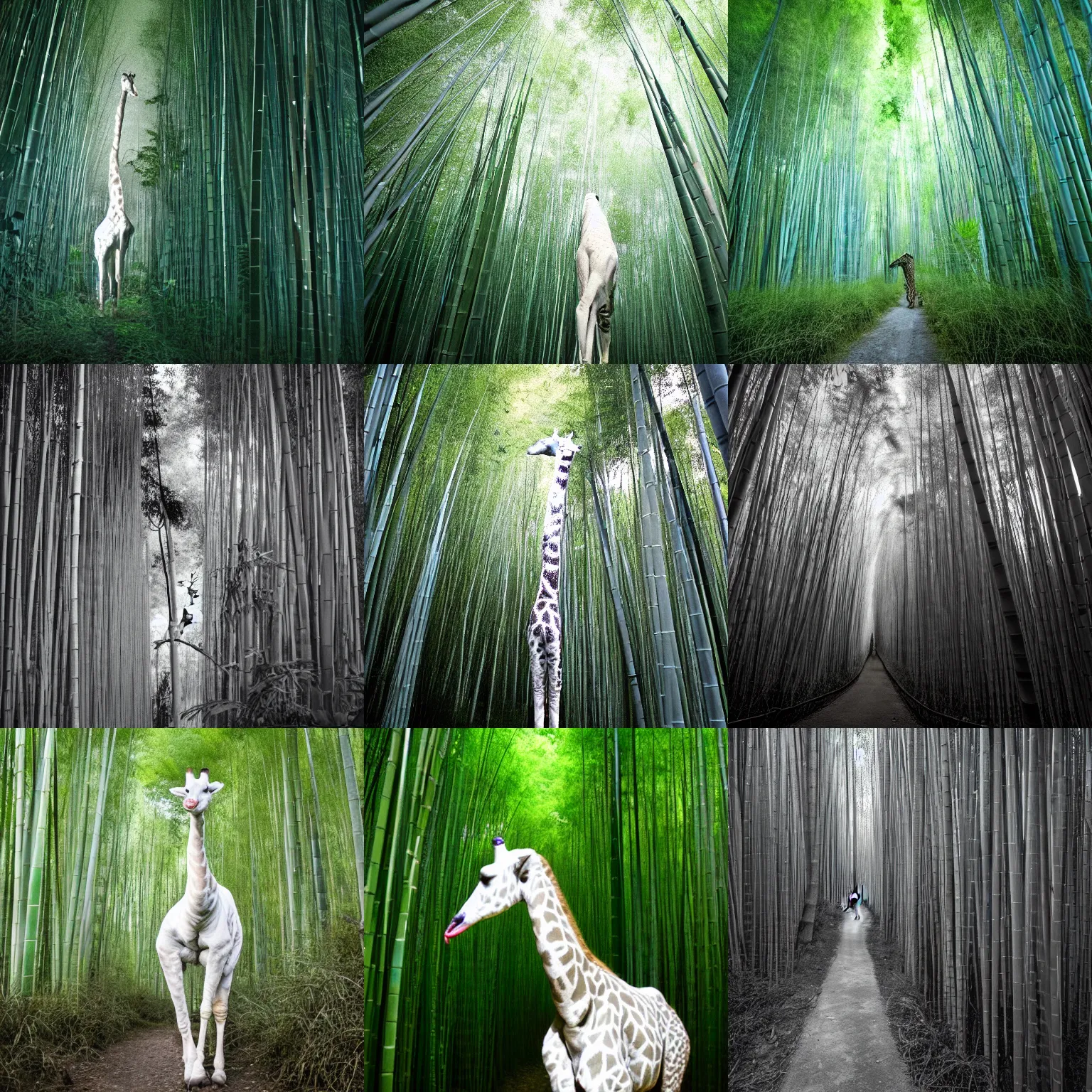 Prompt: midnight trail cam footage of an all-white albino giraffe in a dark nighttime bamboo forest, flash photo, grainy, motion blur