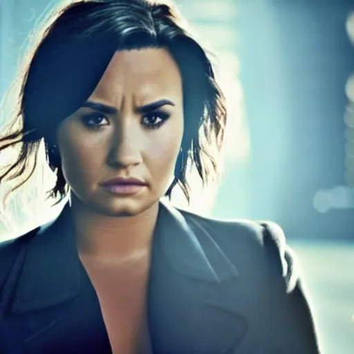 Image similar to close-up of Demi Lovato as a detective in a movie directed by Christopher Nolan, movie still frame, promotional image, imax 70 mm footage