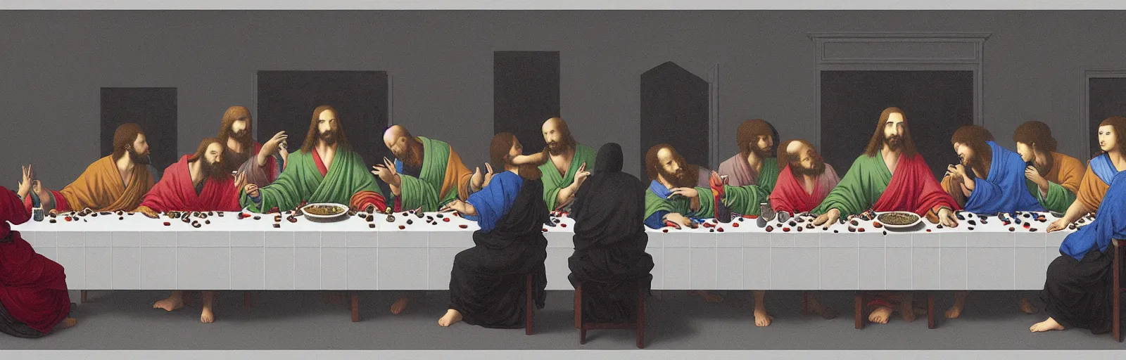 Prompt: colorful!!! the last supper by rene magritte, tenmyouya hisashi, samurai by laurie greasley and bouguereau, ( ( etching by gustave dore ) ), ultraclear intricate, sharp focus, highly detailed digital painting illustration, concept art, masterpiece