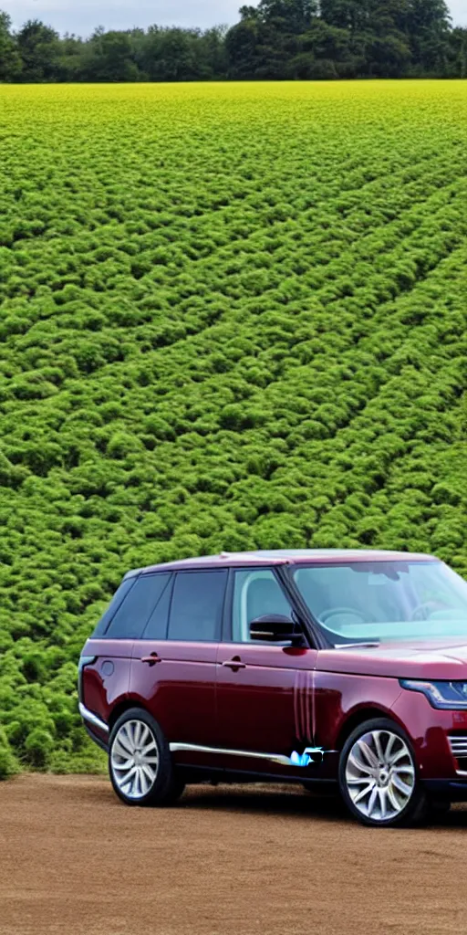 Image similar to A range rover supercharged in the middle of a strawberry field