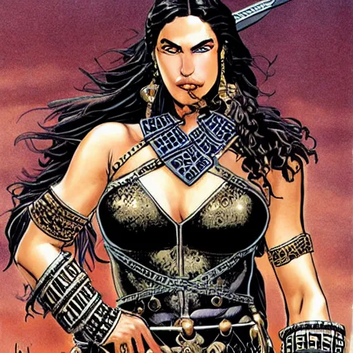Prompt: greek amazon warrior, a tall beautiful woman with bronzed skin and long raven hair, dressed in leather and hellenistic battle armour, intricate, elegant, highly detailed, smooth, sharp focus, detailed face, high contrast, graphic novel, art by chris bachalo and marc silvestri,
