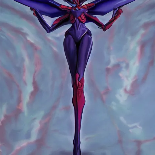 Prompt: an oil painting of the character of the animated series Evangelion Unit-01, photo realistic, cinematic illumination