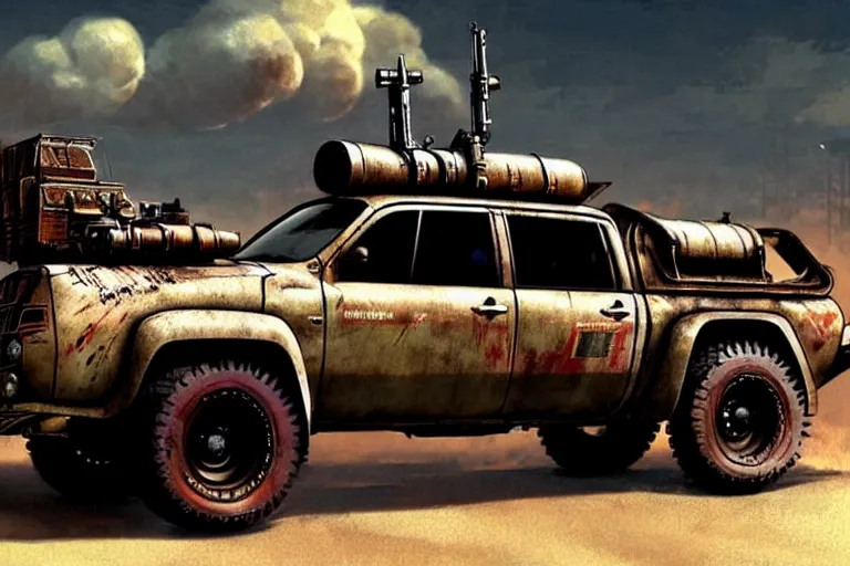 Prompt: dieselpunk mad max toyota hilux with large gun in the bed, painted by greg rutkowski makoto shinkai takashi takeuchi studio ghibli, akihiko yoshida