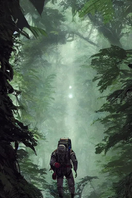 Image similar to a handsome male sci-fi astronaut exploring a magical rain forest, D&D, fantasy, intricate, cinematic lighting, highly detailed, digital painting, artstation, concept art, smooth, sharp focus, illustration, art by Terry Moore and Greg Rutkowski and Alphonse Mucha