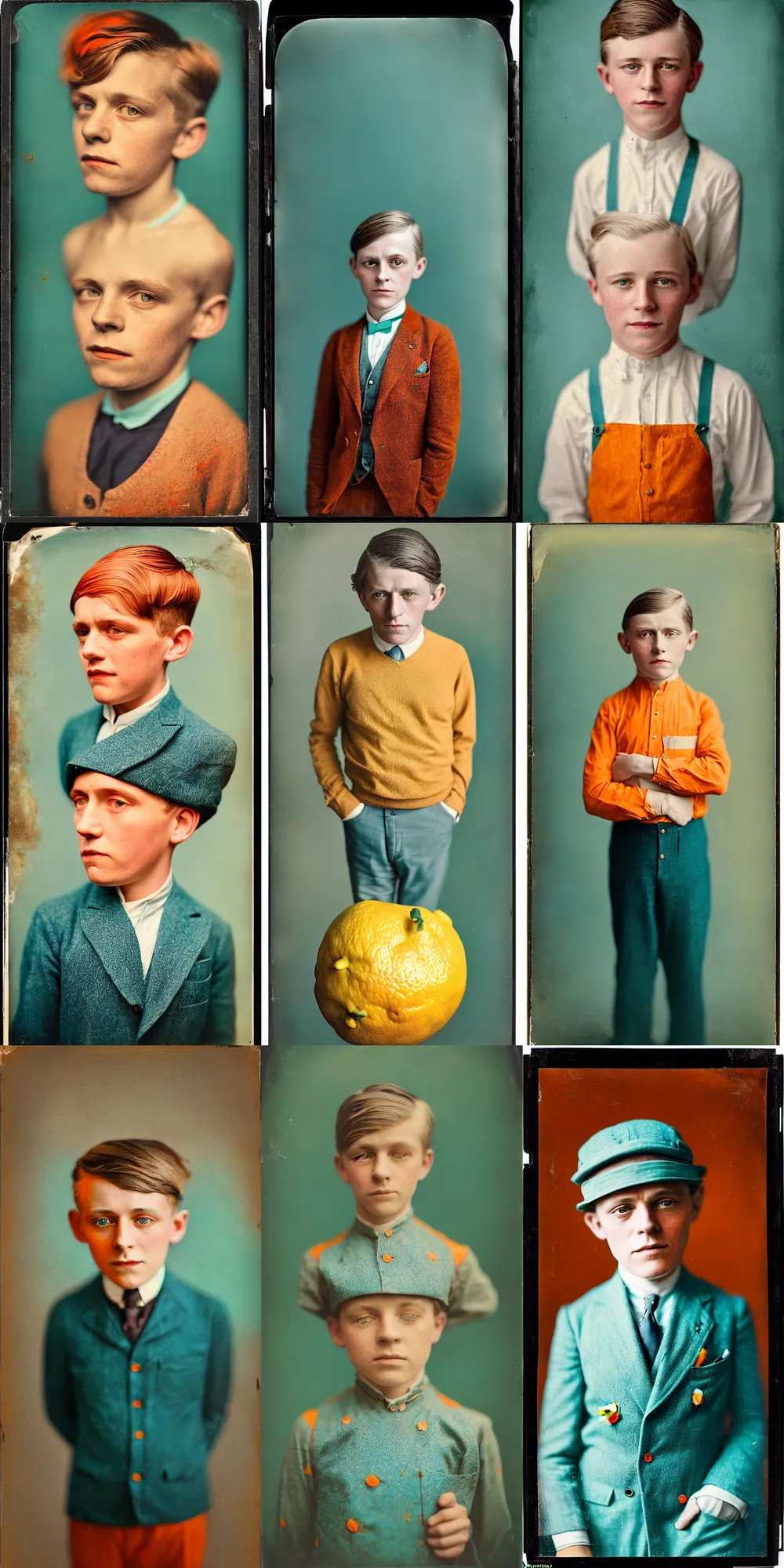 Image similar to kodak portra 4 0 0, wetplate, 8 k, shot of a highly detailed, britt marling style, colour still - life portrait of a lemon looks like a handsome 8 year old boy, 1 9 2 0 s cloth, 1 9 2 0 s hair, teal and orange, muted coloures