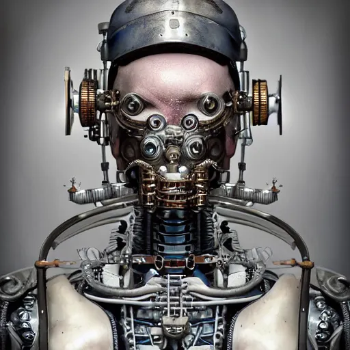 Prompt: a beautiful intricate fine art portrait photo of a a mechanical industrial steampunk cybernetic Bill Burr, by tom bagshaw and zach sutton, perfection!, milk bath photography, studio lighting, 35mm lens, very detailed, bionic, cybernetic scifi, deep depth of field, artstation, 8K, highly coherent