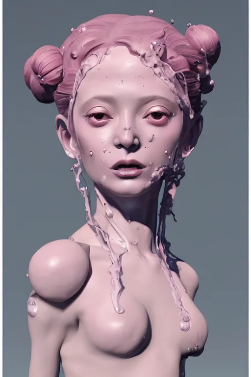 Prompt: an epic non - binary model, subject made of white cracked porcelain with oozing bubbles bursting out, delicate, beautiful, intricate, with pastel pink highlights, melting, houdini sidefx, by jeremy mann and ilya kuvshinov, jamie hewlett and ayami kojima, trending on artstation, bold 3 d