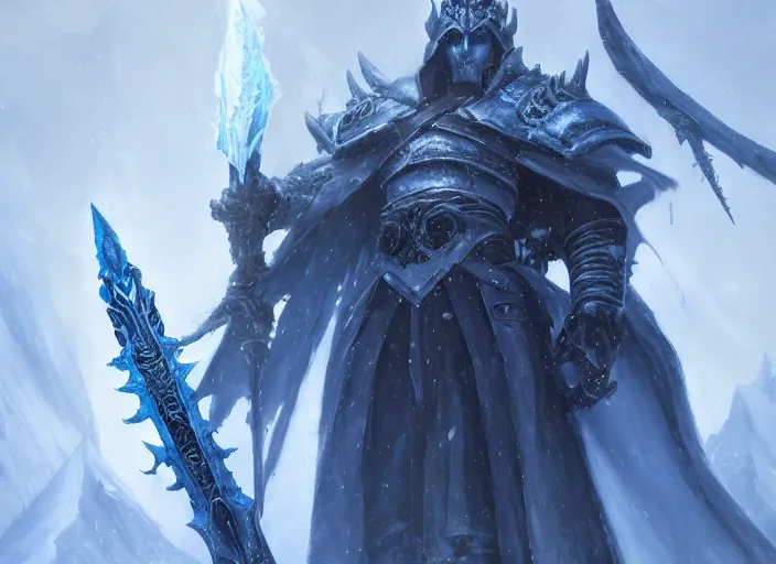 Image similar to the lich king with his mourneblade sitting on the frozen throne artwork by greg rutkowski, trending on artstation