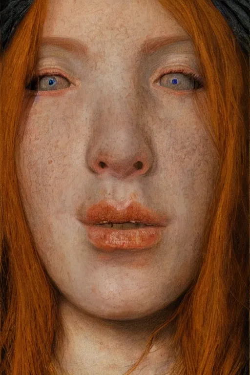 Prompt: hyperrealism extreme close-up portrait of medieval ginger female with freckles, pale skin, wearing dark silk, in style of classicism