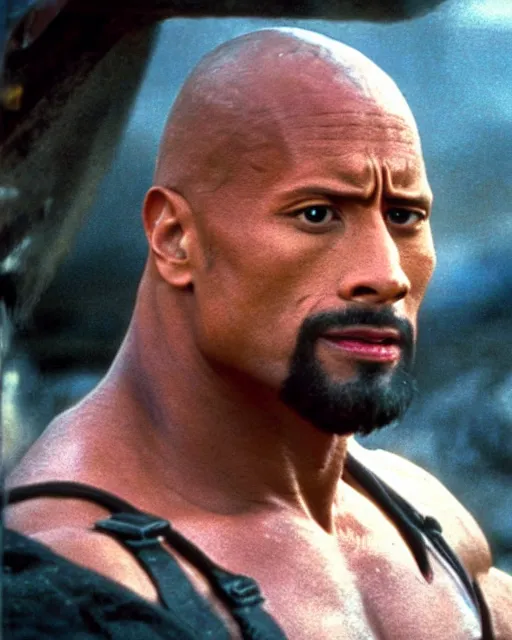 Image similar to film still close up shot of dwayne johnson in the movie mad max 2 the road warrior. photographic, photography