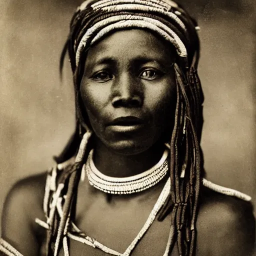 Image similar to vintage photo of a west african manding queen by edward s curtis, photo journalism, photography, cinematic, national geographic photoshoot