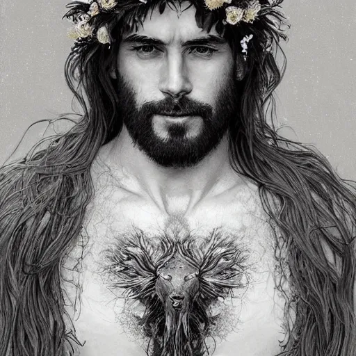 Image similar to portrait of the god of the meadow, 30 years old, upper body!!!!! meadow, flower crown, rugged, male, long hair, gorgeous, detailed face, amazing, hairy torso, muscular, intricate, highly detailed, digital painting, artstation, concept art, sharp focus, illustration, art by greg rutkowski and alphonse mucha