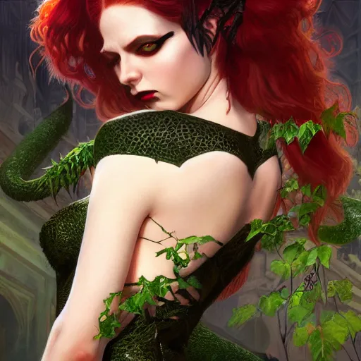 Image similar to a beautiful and detailed matte painting of a seductive vampire cat girl dressed as poison ivy, fantasy, d & d, dark eyeliner, intricate, elegant, highly detailed, digital painting, artstation, concept art, matte, sharp focus, illustration, art by greg rutkowski and alphonse mucha