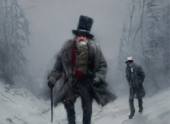 Image similar to oil painting, snow blizzard, nordic gnome with gray clothes, pointy top hat, high detailed art by anders zorn, wonderful masterpiece by greg rutkowski, beautiful cinematic light, american romanticism by greg manchess, creation by tyler edlin