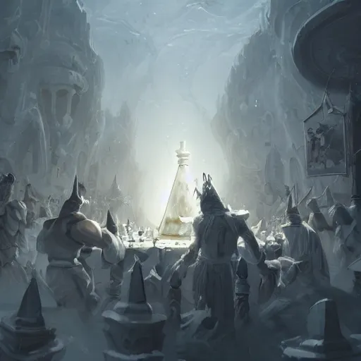 Image similar to a giant white chess pawn piece, chess pawn, chess pawn, chess pawn, chess pawn, chess pawn, battlefield background, bright art masterpiece artstation. 8 k, sharp high quality artwork in style of jose daniel cabrera pena and greg rutkowski, concept art by tooth wu, hearthstone card game artwork, chess pawn