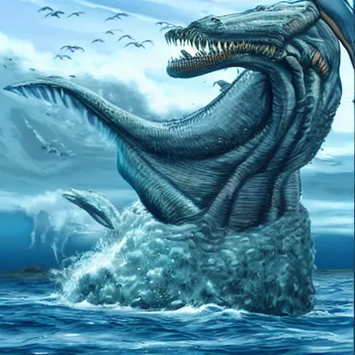 Image similar to hyper realistic sea monster with harpoons sticking out of it's skin